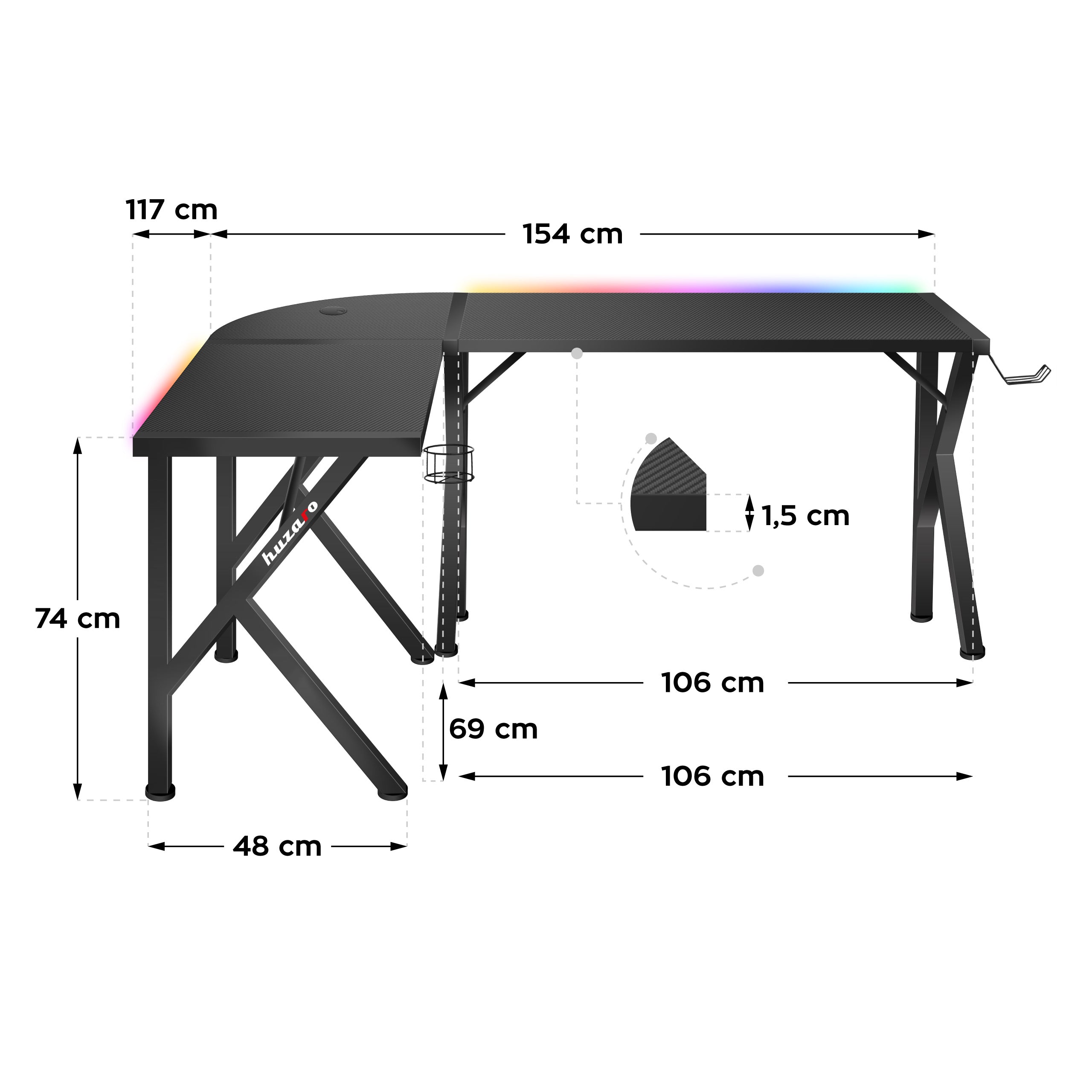 Biurko narożne gamingowe Huzaro Hero 6.3 RGB Black 154 cm