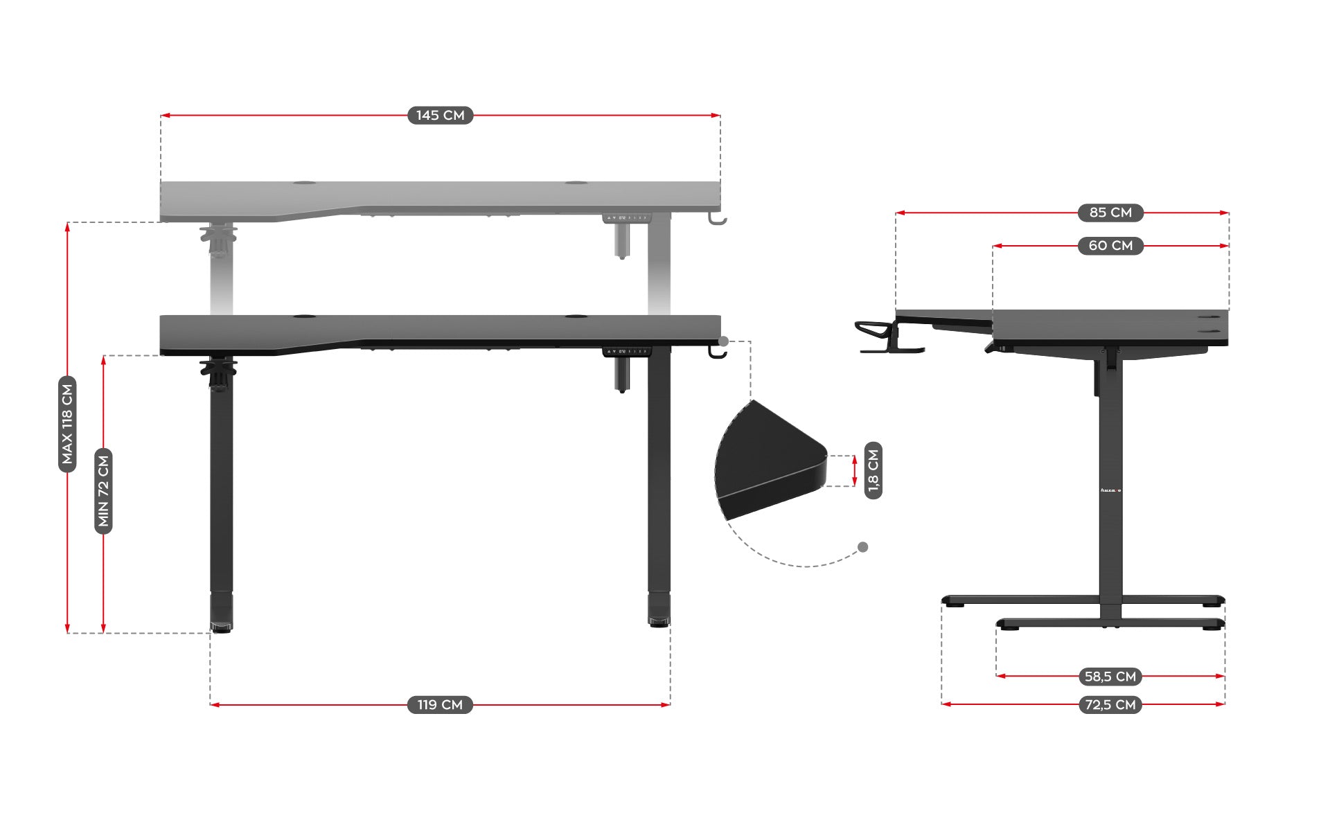 Biurko narożne elektryczne Huzaro Hero 9.1 Black 145 cm
