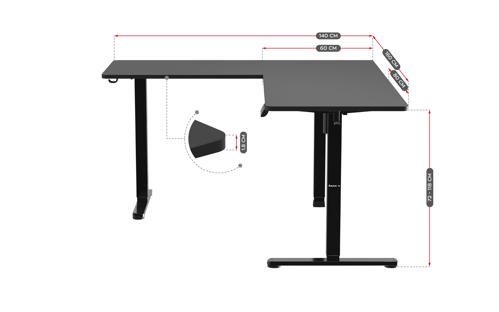 Biurko narożne elektryczne Huzaro Hero 9.5 Black 160 cm