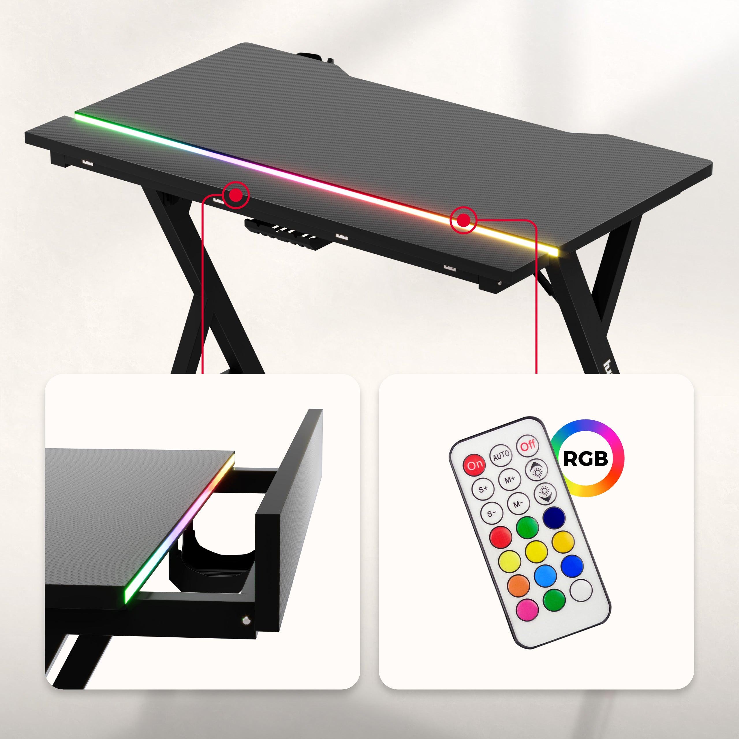 Biurko gamingowe z oświetleniem LED Huzaro Hero 2.4 RGB Black