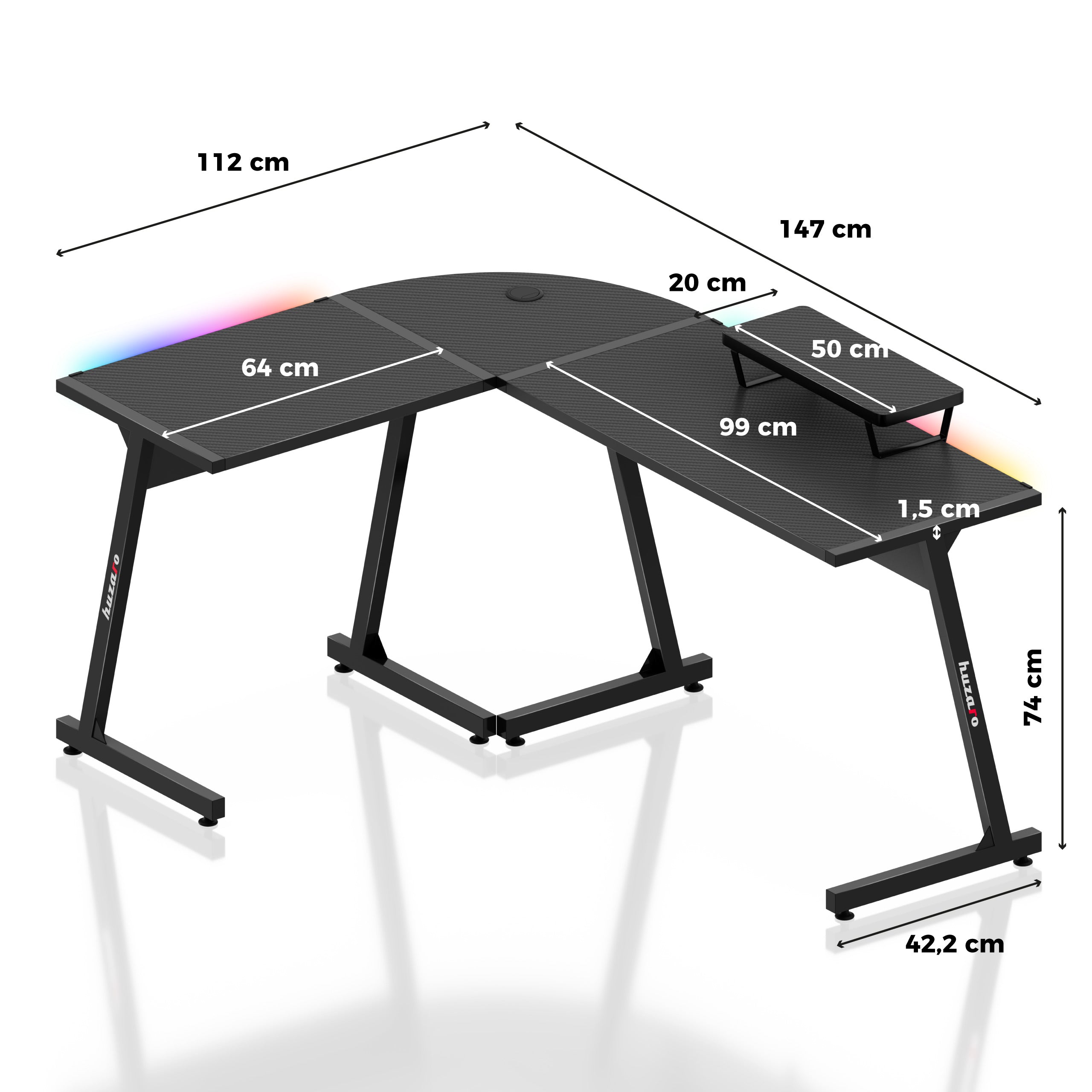 Biurko narożne gamingowe HUZARO Hero 6.0 RGB Smart Black 147 cm