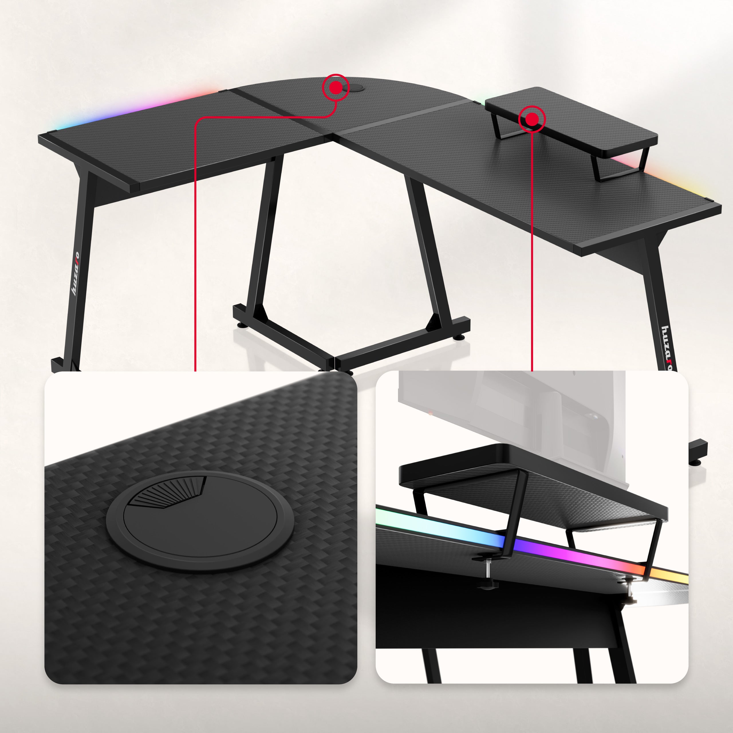 Biurko narożne gamingowe HUZARO Hero 6.0 RGB Smart Black 147 cm