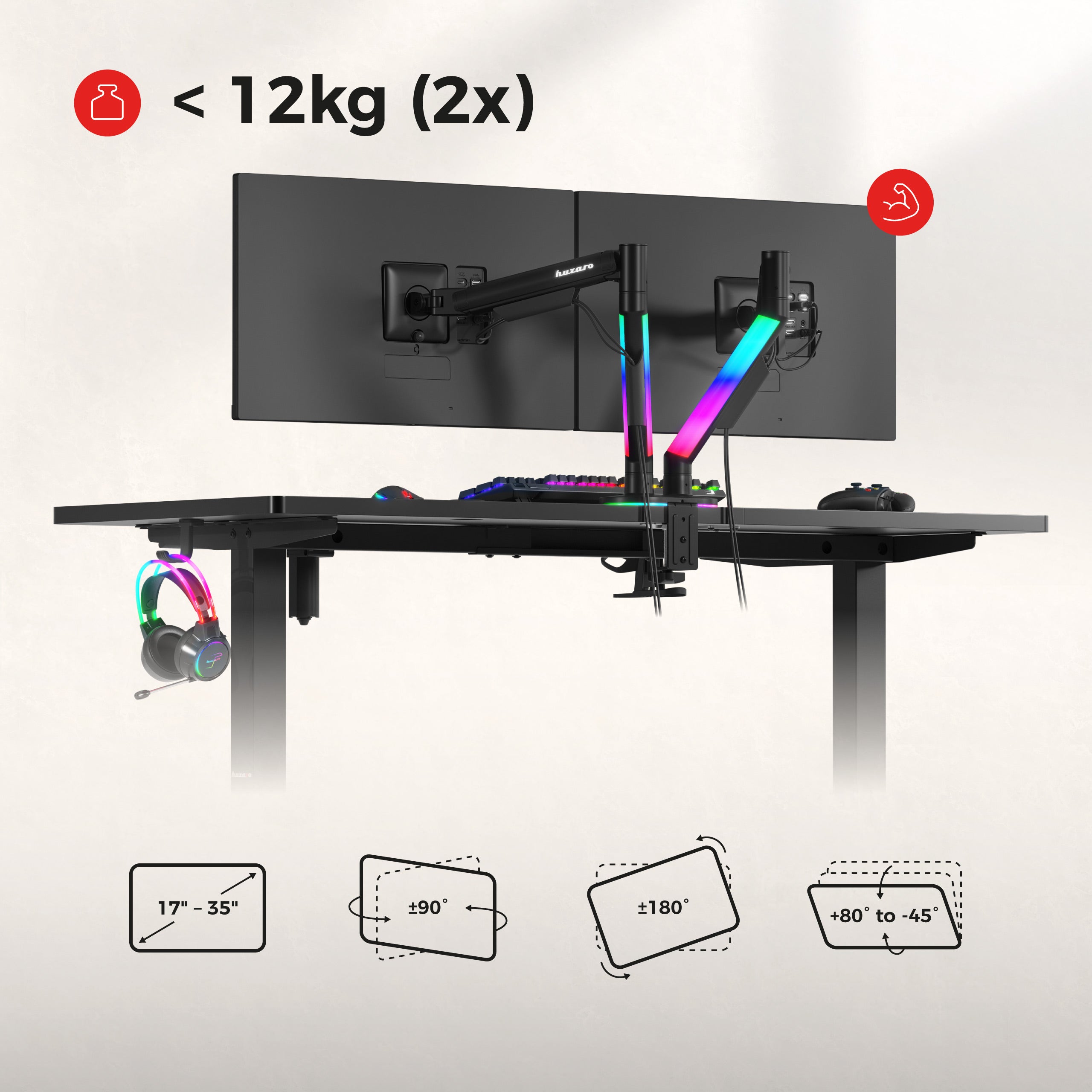 Uchwyt do biurka na 2 monitory Huzaro Motion 2.6 RGB