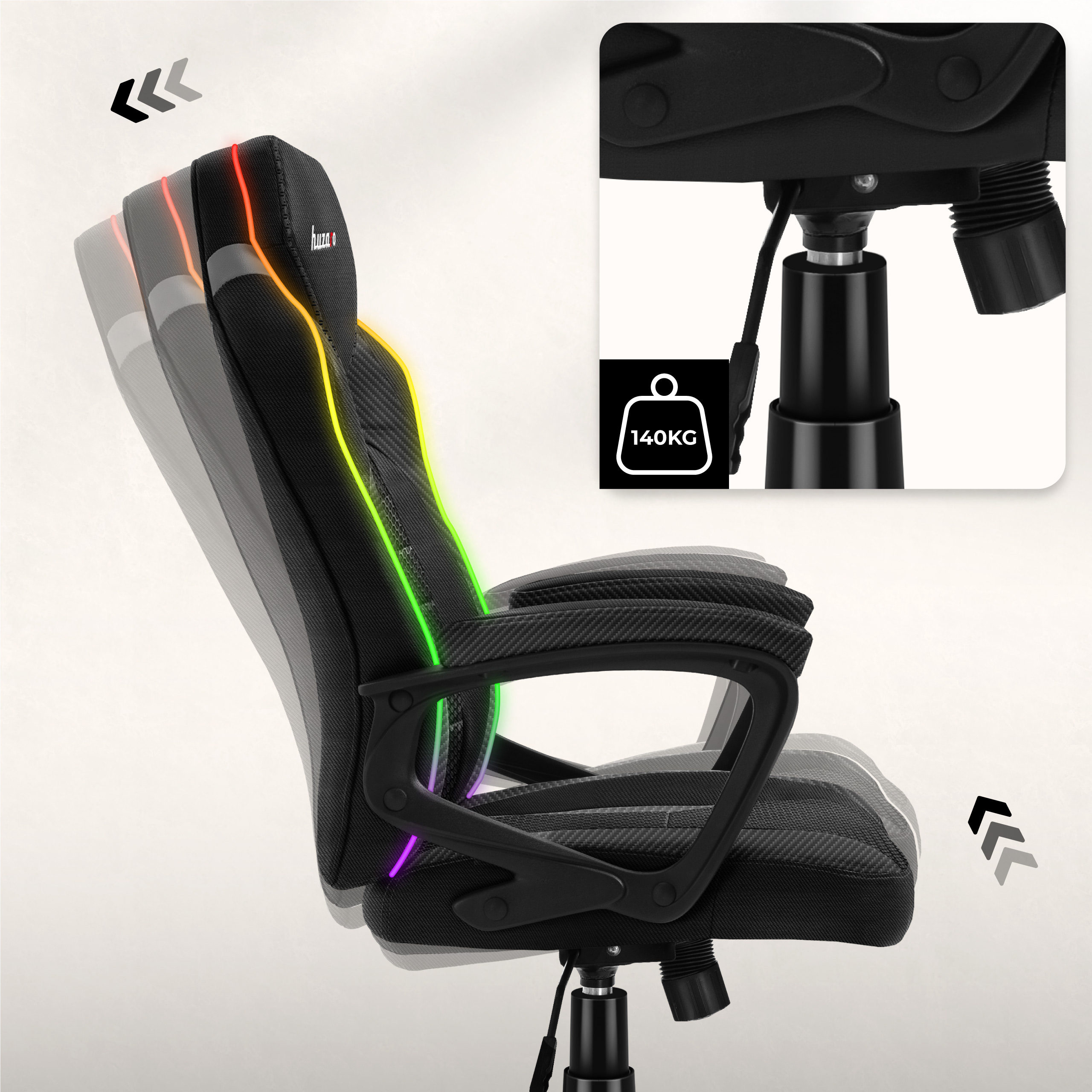 Lewy bok fotela Huzaro Force 2.5 Carbon RGB z funkcją bujania