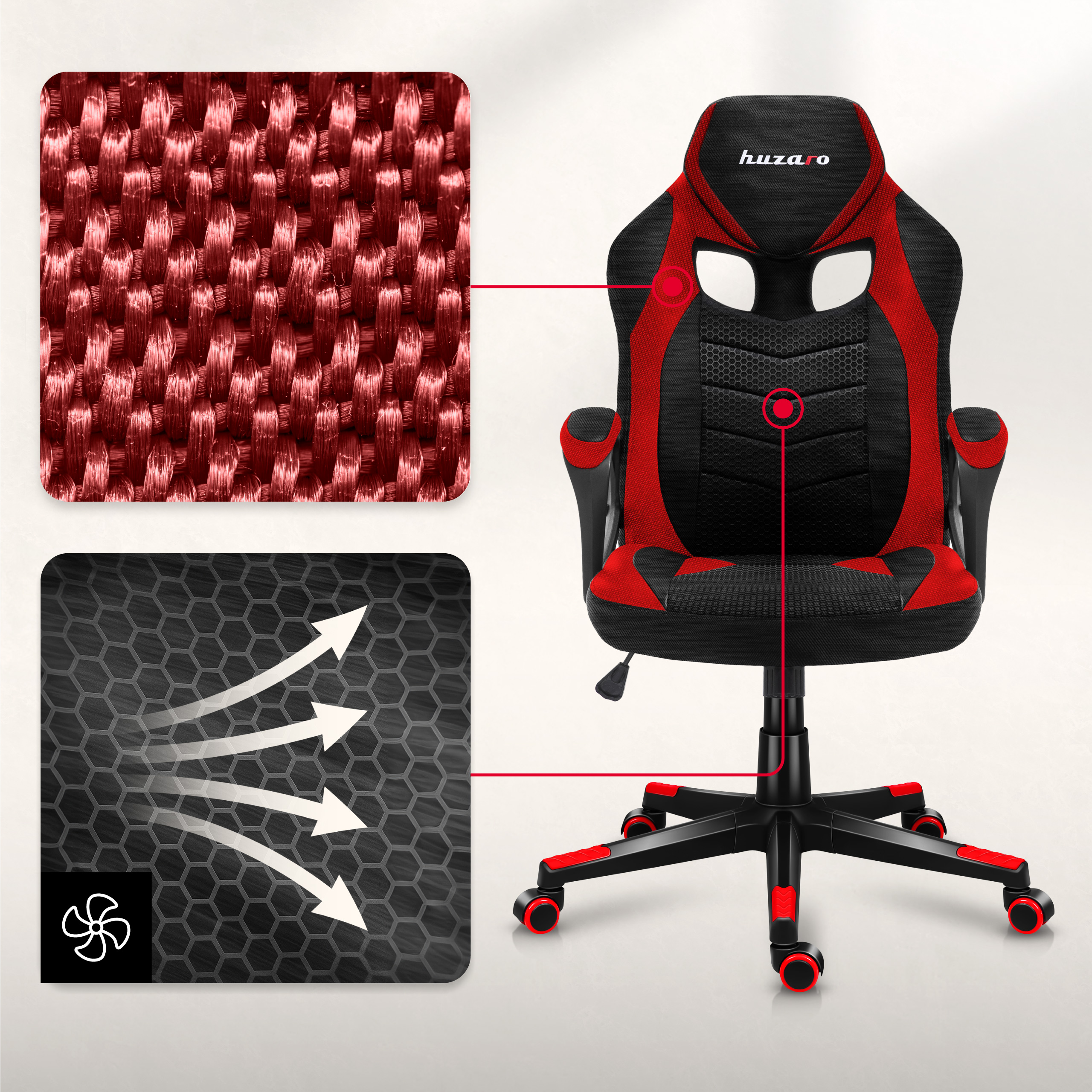 Przód fotela Huzaro Force 2.5 Red Mesh oraz zalety pianki Thermo-Elastic