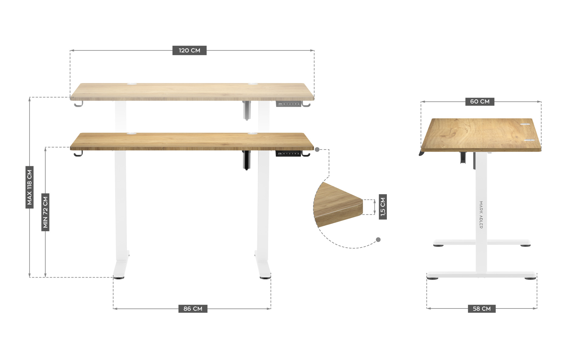 Electric desk dimensions Left side of Mark Adler Leader 7.0 Craft electric desk