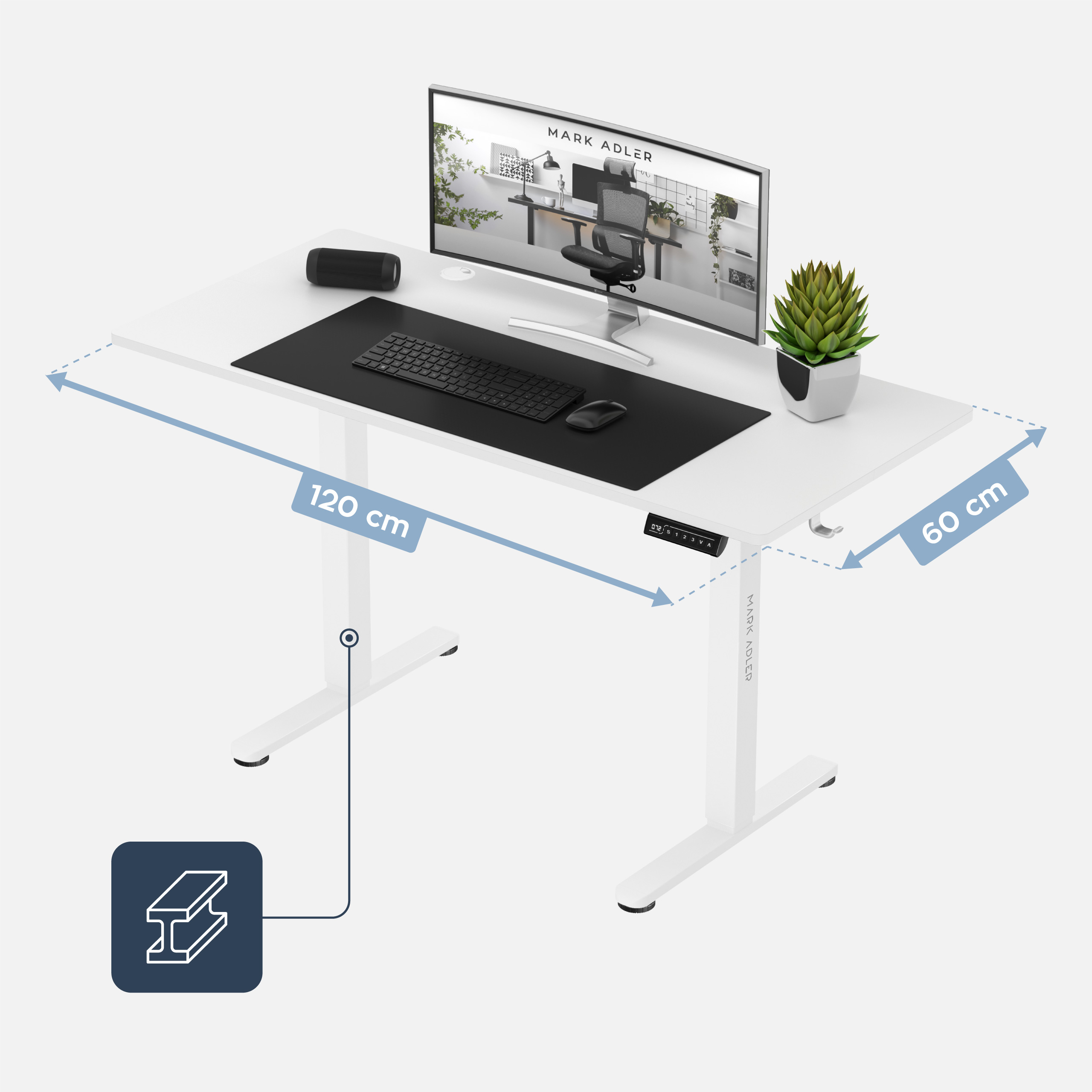 Wymiary biurka elektrycznego Lewa strona biurka elektrycznego Mark Adler Leader 7.0 White