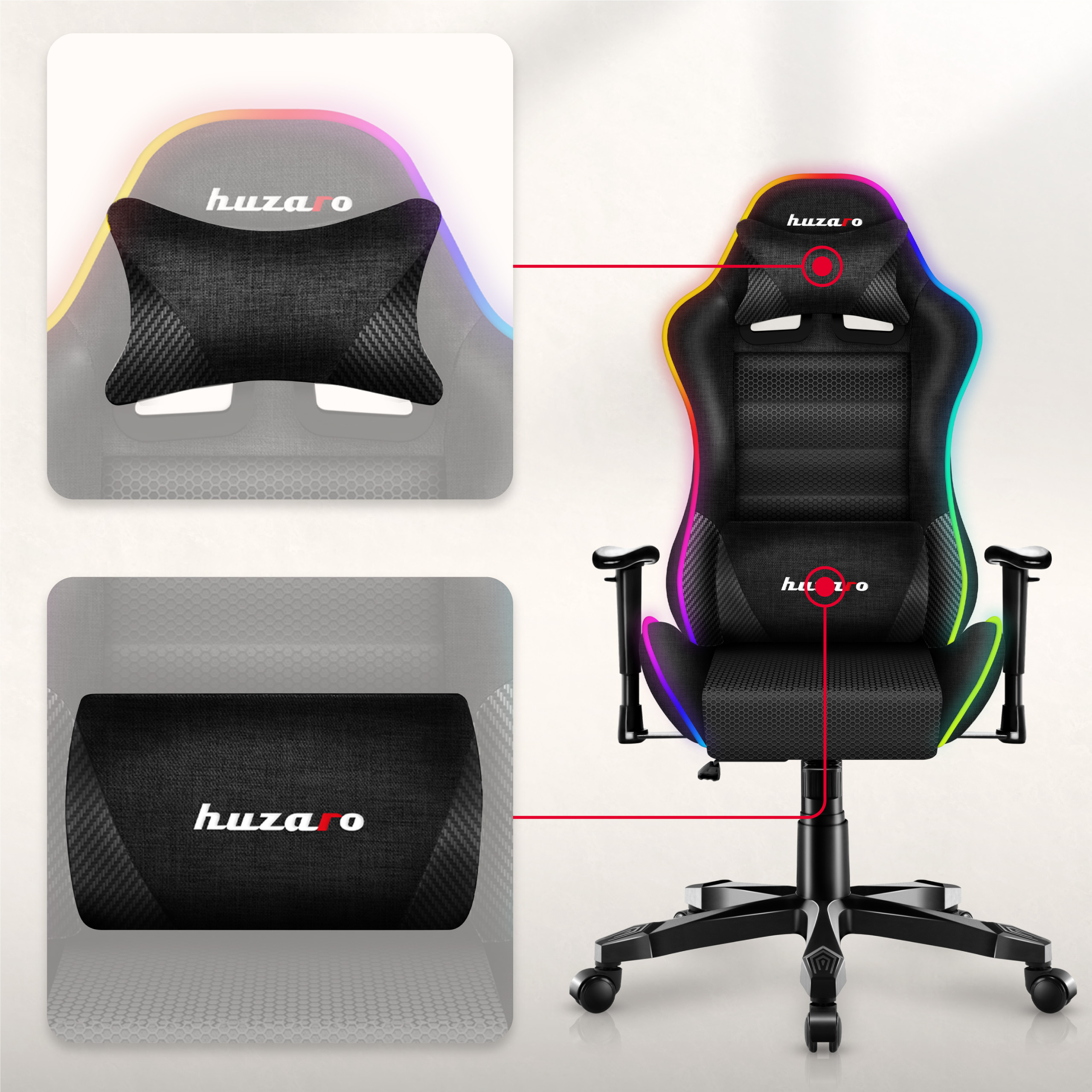 Prawy bok fotela Huzaro Ranger 6.0 RGB z poduszką lędźwiową i pod kark